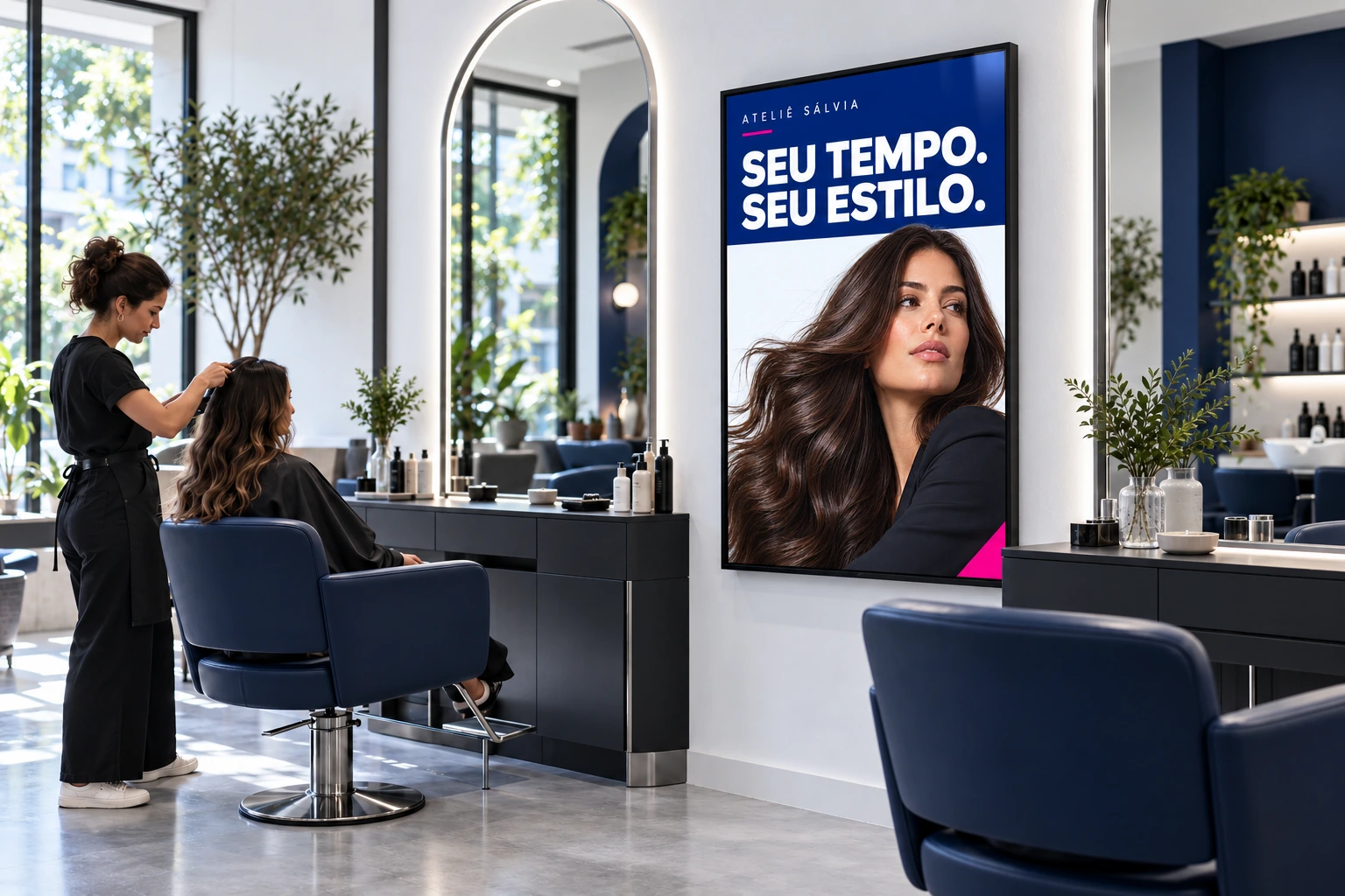 Ambiente ilustrativo de salão com tela para serviços e novidades.