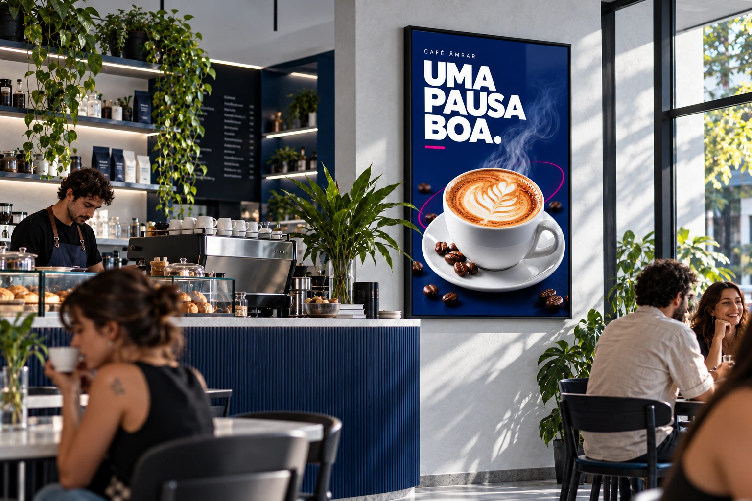 Ambiente ilustrativo de cafeteria com uma tela de mídia indoor.