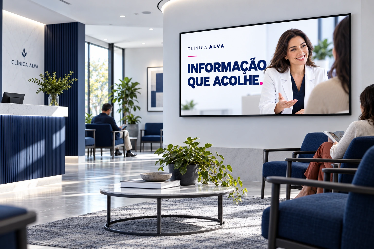 Recepção ilustrativa com uma tela de comunicação institucional.